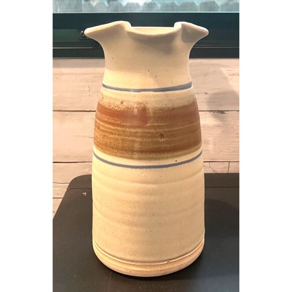 Vintage Farm House Handcrafted Stoneware Pitcher With Earthy Brown & Blue Stripe - Picture 4 of 9